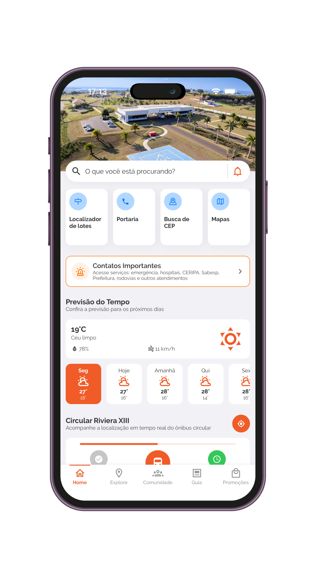 App Riviera mostrando contatos e lugares organizados por categoria
